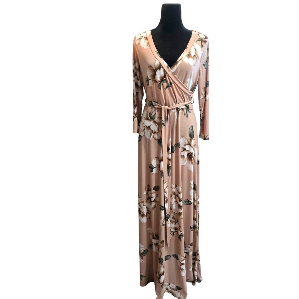 La Cef Floral Beige cottagecore Wrap Maxi Dress size XL
